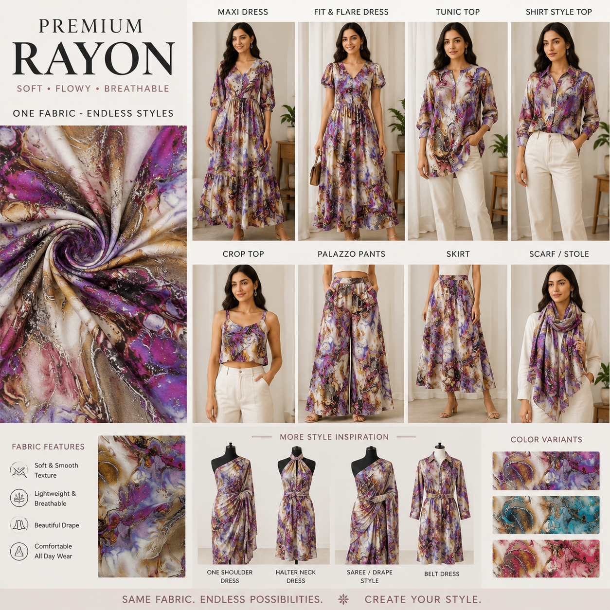 Premium Rayon Digital Print Fabric – Soft Flowing Fabric for Dresses, Tops & Designer Wear | Rs. 130 PER METRE