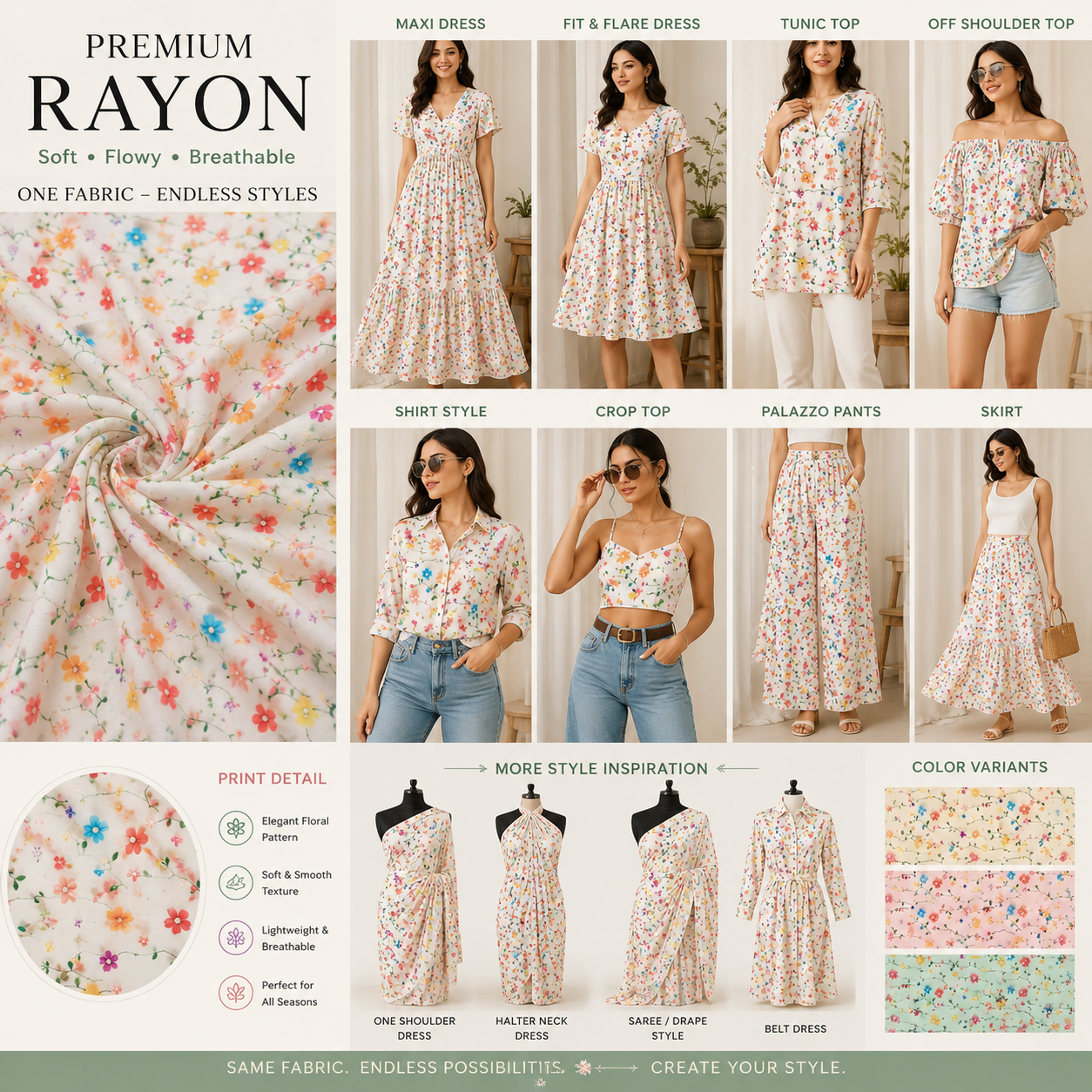 Premium Rayon Digital Print Fabric – Soft Flowing Fabric for Dresses, Tops & Designer Wear | Rs. 130 PER METRE