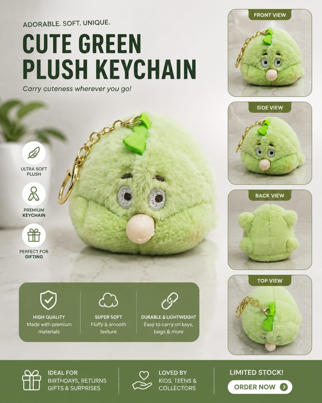 Cute Green Plush Keychain Charm – Soft Mini Plush Pendant | C2C