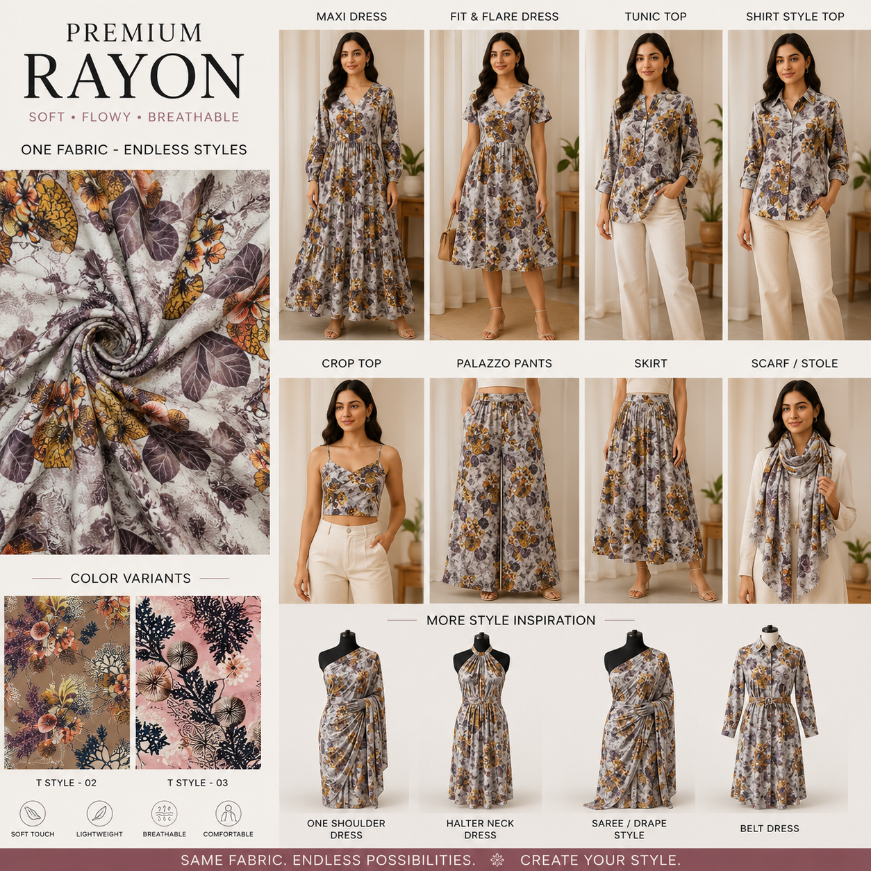 Premium Rayon Digital Print Fabric – Soft Flowing Fabric for Dresses, Tops & Designer Wear | Rs. 130 PER METRE