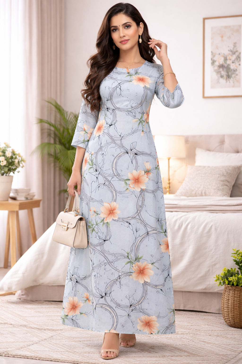 Modern Rayon full length top for Women - 3/4 Sleeve