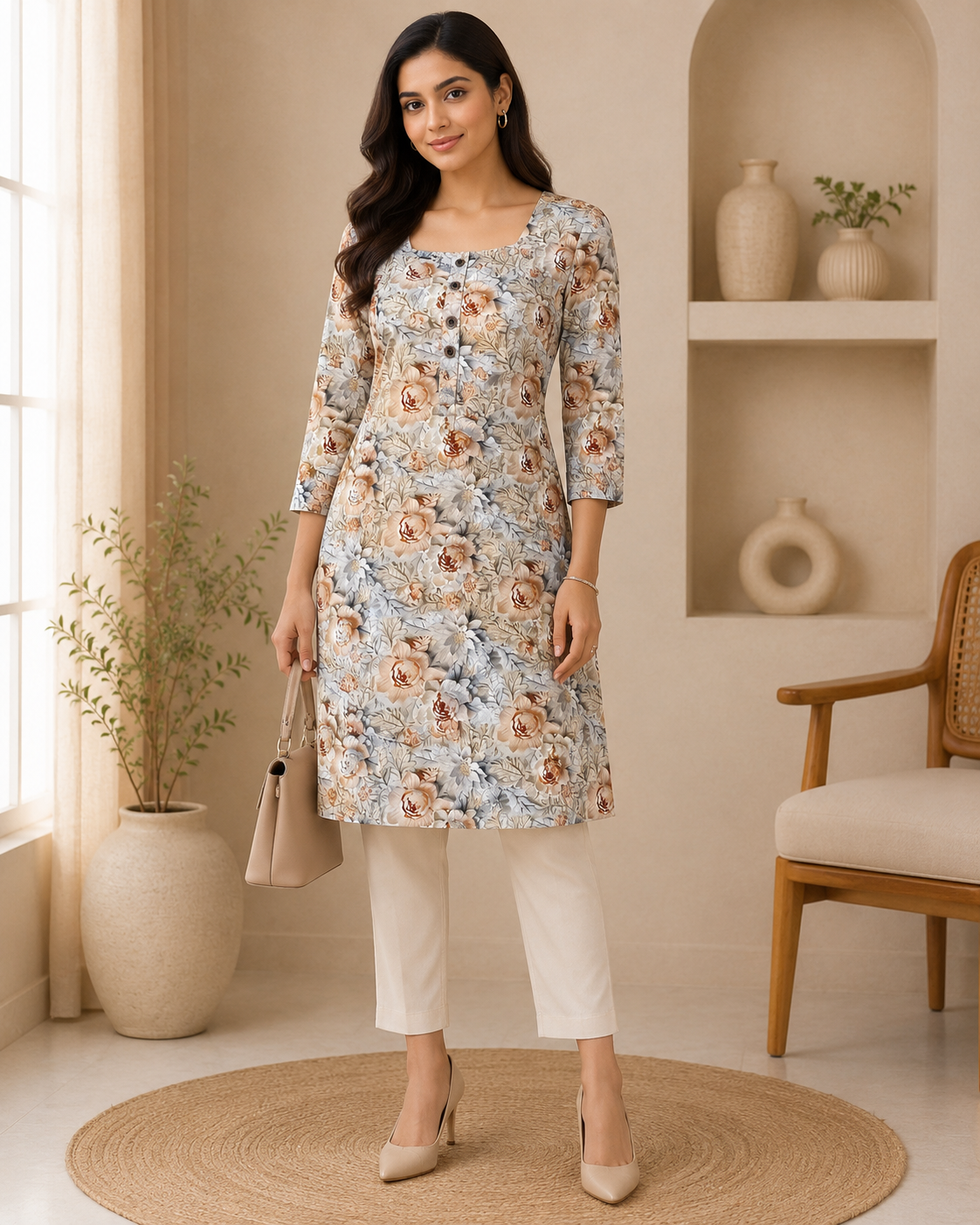 Rayon Digital Print Side Open Top For Women - 3/4 Sleeve