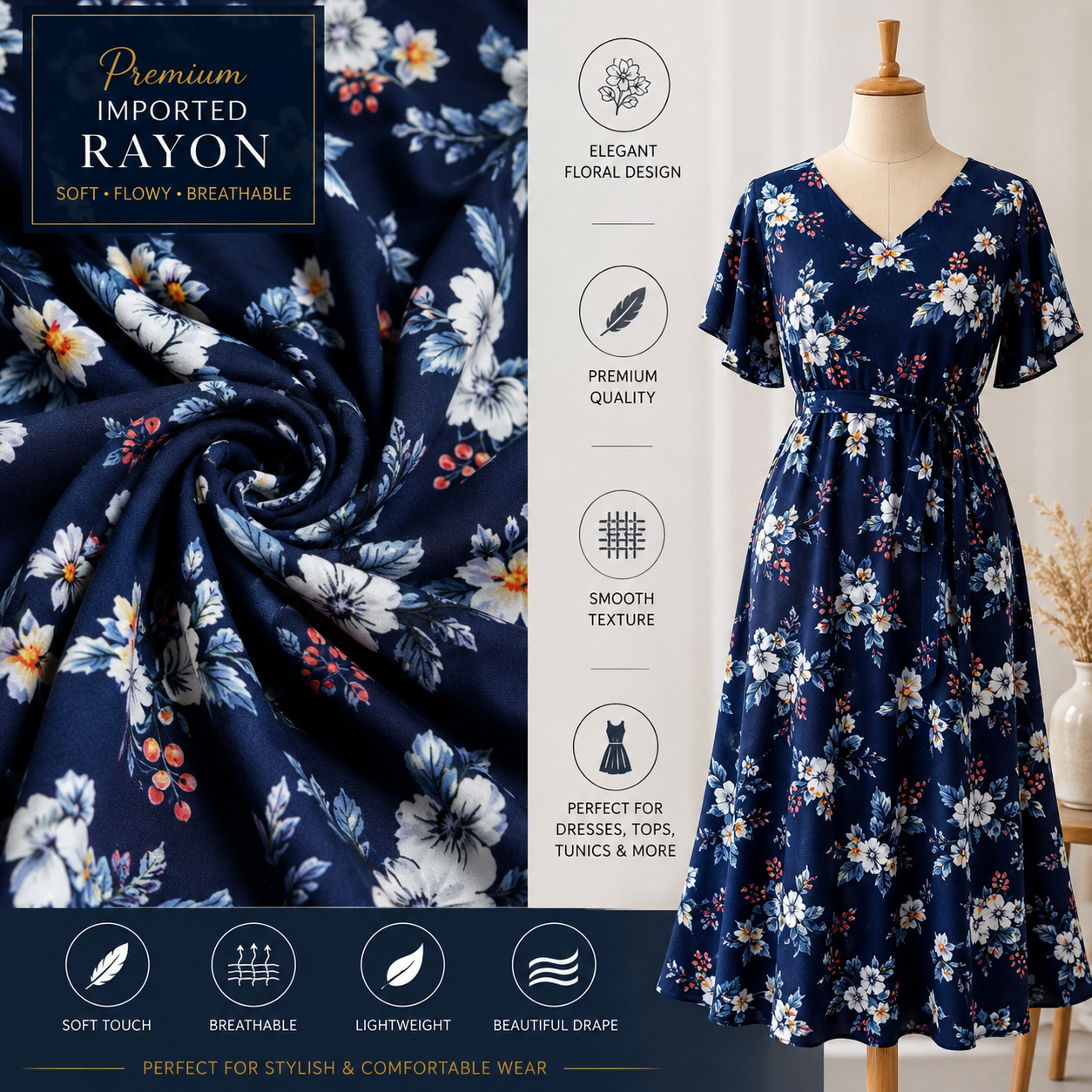 Premium Rayon Digital Print Fabric – Soft Flowing Fabric for Dresses, Tops & Designer Wear | Rs. 130 PER METRE