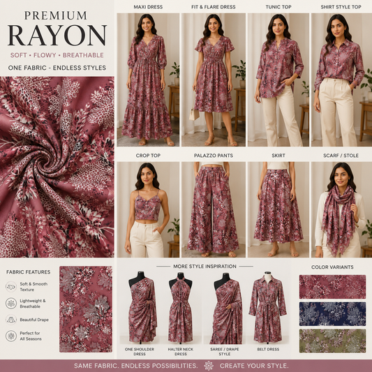 Premium Rayon Digital Print Fabric – Soft Flowing Fabric for Dresses, Tops & Designer Wear | Rs. 130 PER METRE