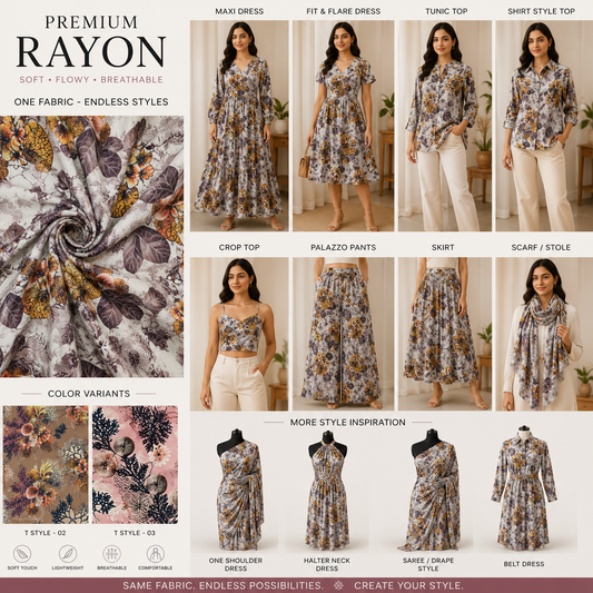 Premium Rayon Digital Print Fabric – Soft Flowing Fabric for Dresses, Tops & Designer Wear | Rs. 130 PER METRE