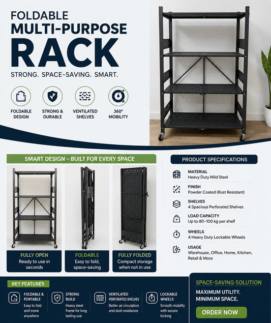 Heavy Duty Foldable Storage Rack with Wheels – Multi-Purpose Space Saving Shelf | C2C